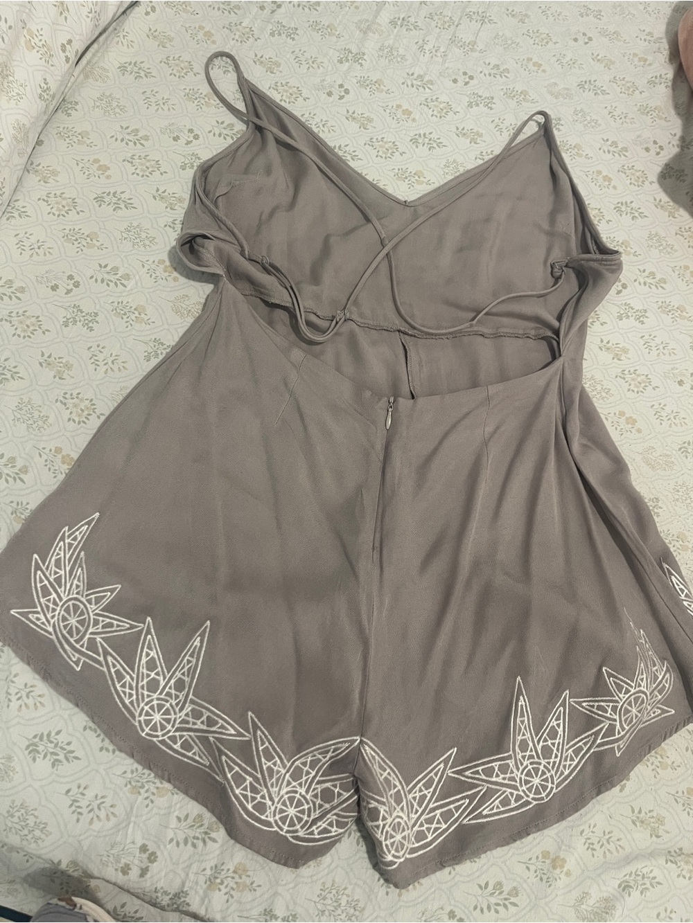 Tobi Embroidered V-Neck Sleeveless Romper in Taupe